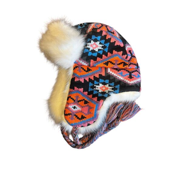 San Diego Hat company multicolor Aztec trapper furry faux fur winter cap hat - Picture 2 of 5